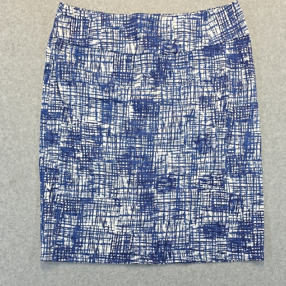 Sharagano Women’s Pencil Skirt Size 10 Blue White Abstract Print Stretch